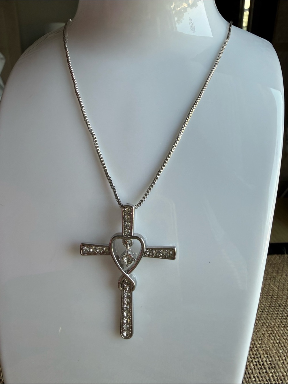 Silver Crystal Heart Cross Pendant Necklace - Women Jewelry